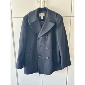 LL Bean Mens Navy Blue Wool Blend Pea Coat Double Breasted Anchor Buttons L REG